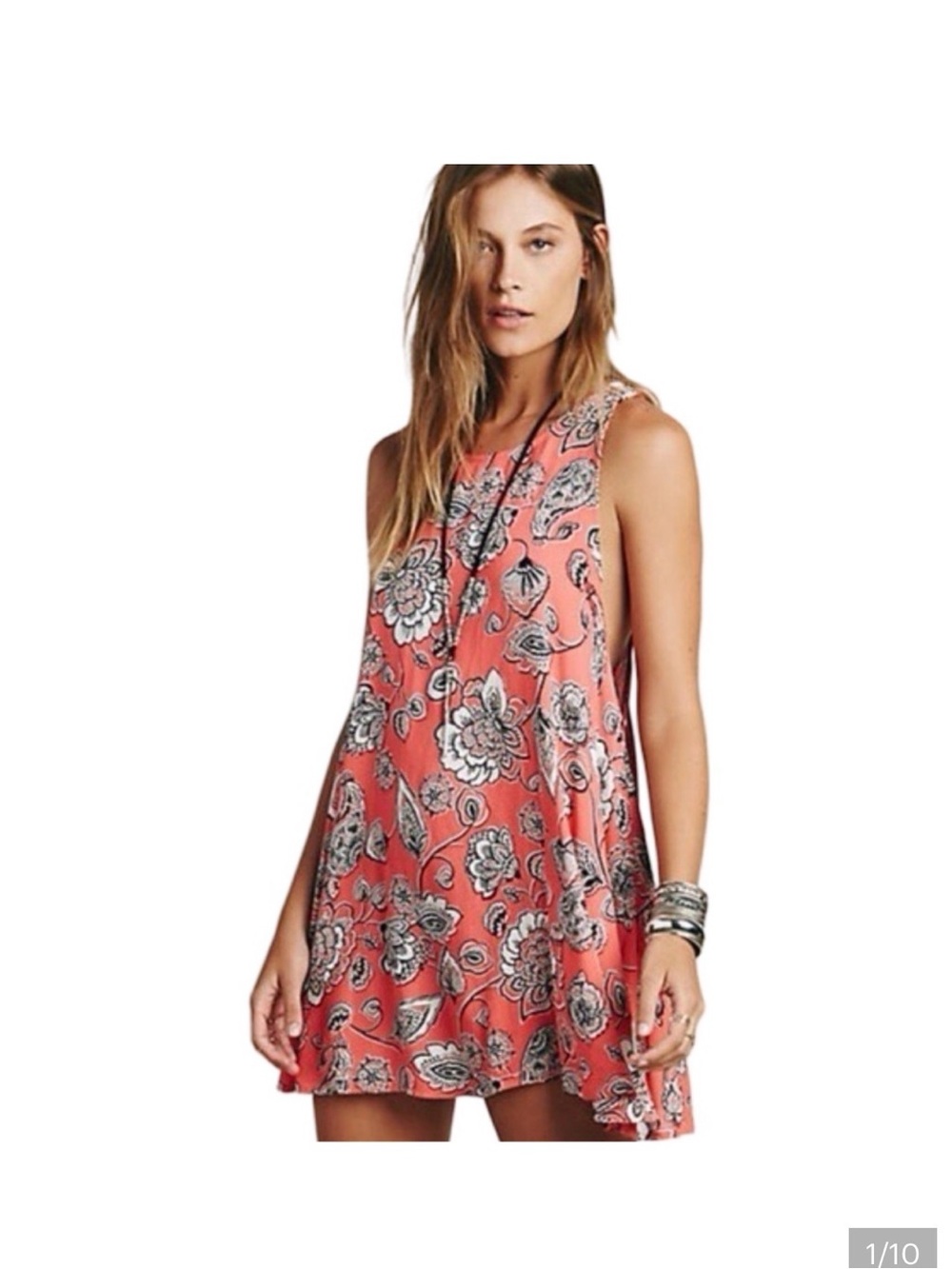 Free People Folk Song Coral Floral Print Keyhole Back Tank Mini Boho Dress Sz S
